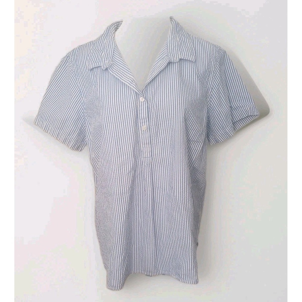 LL Bean Vacationland Seersucker Womens L Cotton Coastal Stripe Button Tunic Flaw